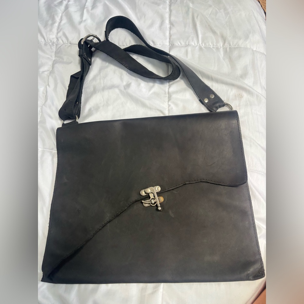Black Leather custom made unisex bag